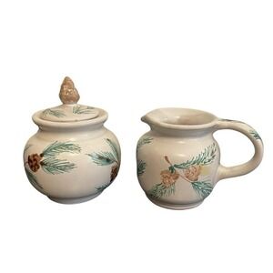 Artisan Hand Painted Pinecone Ceramic Creamer and Lidded Sugar Bowl Set Signed